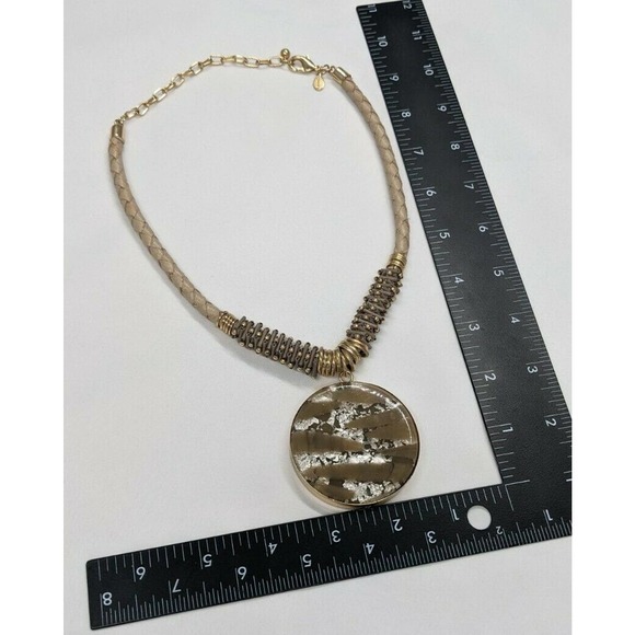 CHICO'S Pendant Necklace Circle Brown Gold Tone Silver Tone Metallic Tan Braided - Picture 9 of 9